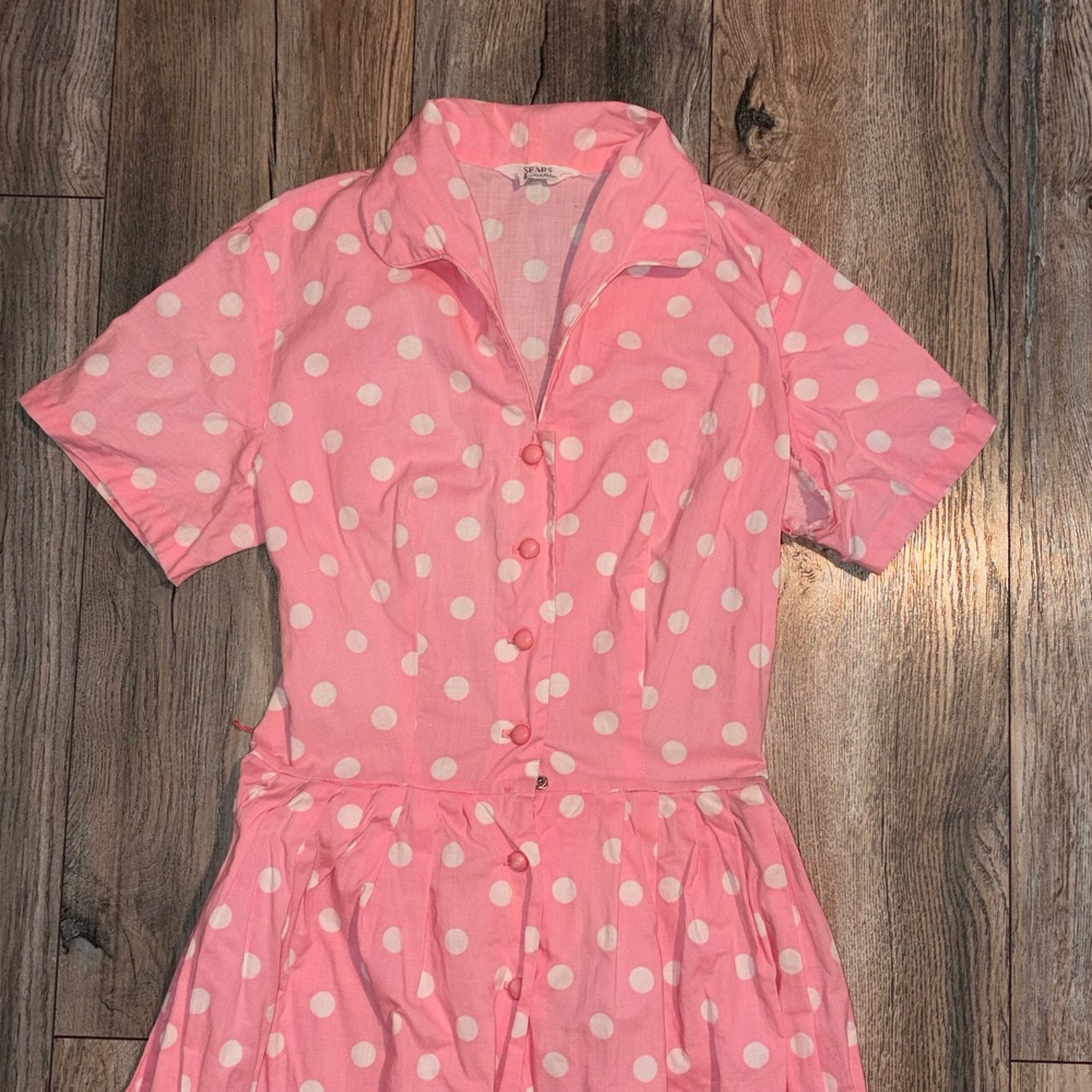Vintage Sears Pink Polka Dot Shirtdress Rockabilly Fit & Flare Mid Century M - Picture 4 of 16